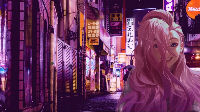 Seraphine from League of Legends in a Japanese street