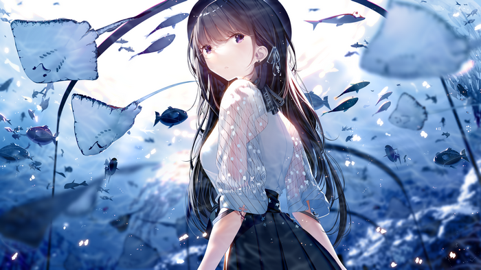 Anime girl with black hair in an aquarium with stingrays and fish