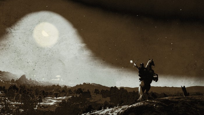 Man on horse aiming bow and arrow in Red Dead Redemption 2