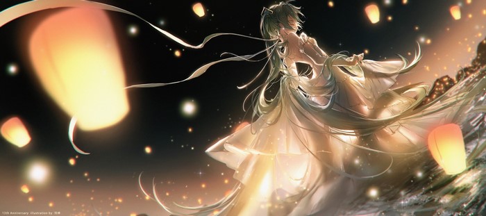 Hatsune Miku from Vocaloid releasing lanterns at night