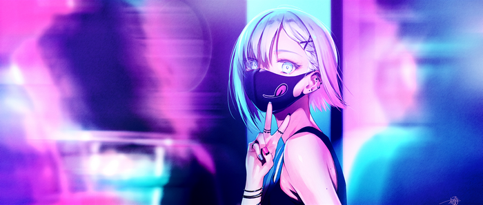 Anime girl with mask in neon city lights