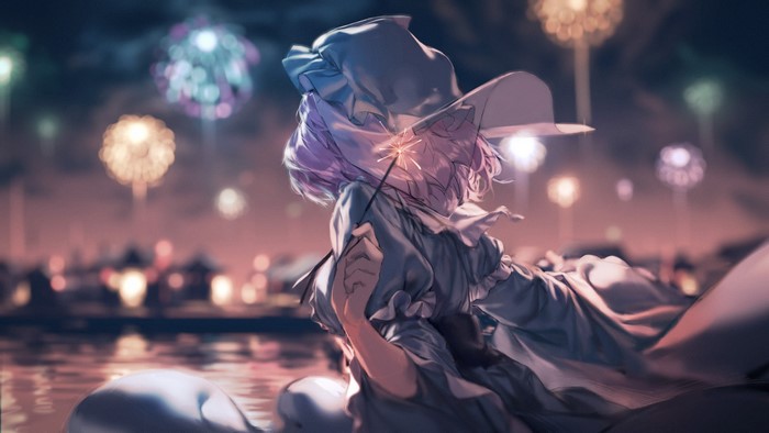 Saigyouji Yuyuko from Touhou holding a sparkler with fireworks