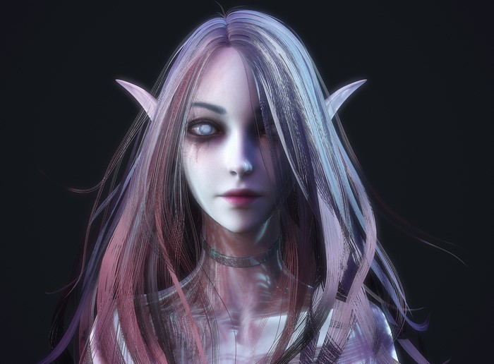 Fantasy elf girl with long hair and white eyes