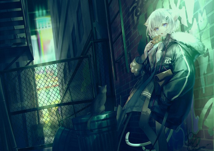 Anime cat girl eating a donut in a dark alley