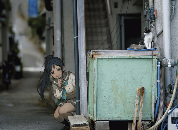 Kanan Matsuura from Love Live! Sunshine!! peeking from behind a pole