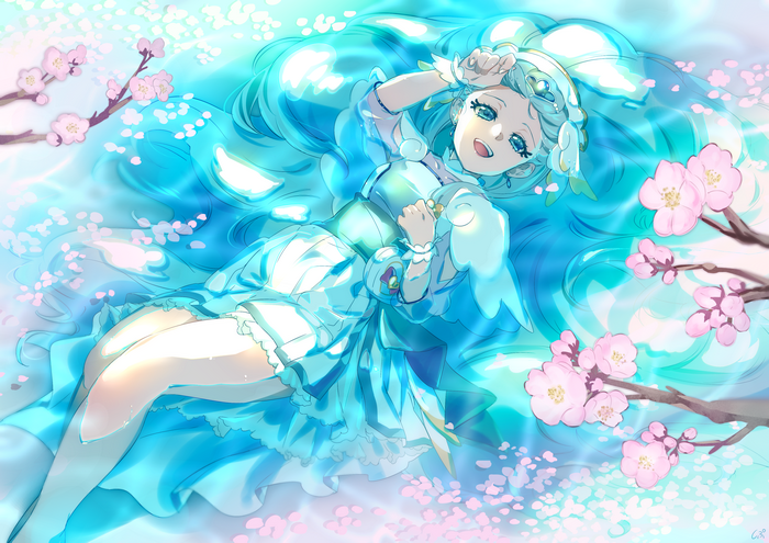 Cure Aqua from Precure surrounded by cherry blossoms