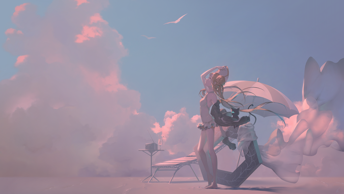 Anime girls on a beach with clouds and seagulls