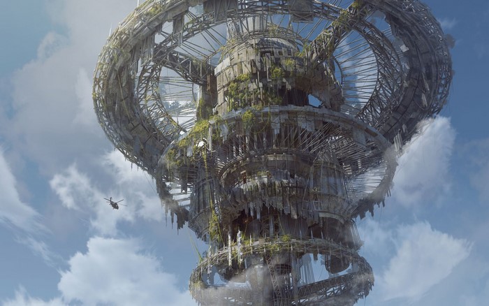 Ruined futuristic structure with a helicopter