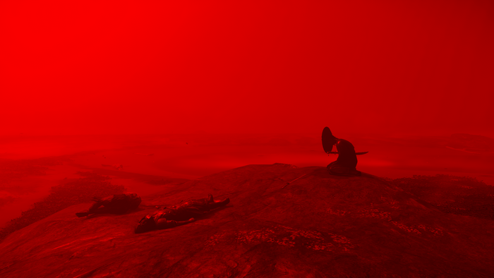 Ghost of Tsushima: Samurai and fallen warriors on a red landscape