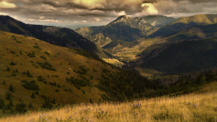 Mountain landscape with valley and clouds