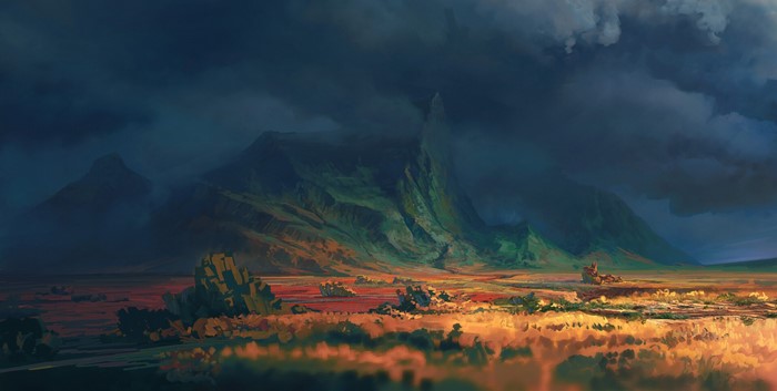 Artwork of a valley with mountains and clouds