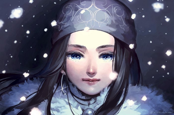 Anime girl with blue eyes in a fur coat in snow