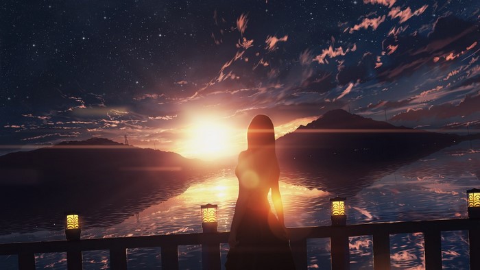 Anime girl watching sunset over the ocean