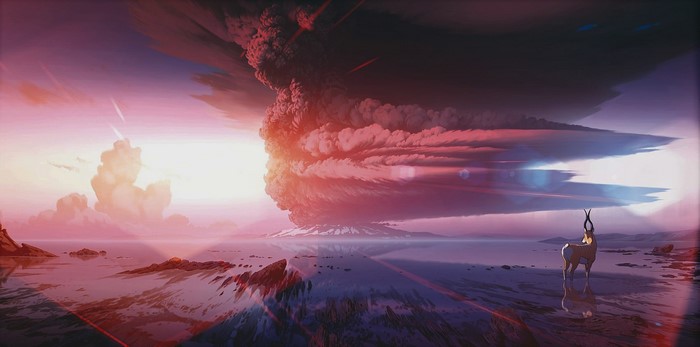 Volcano eruption with deer in foreground by Lorenzo Lanfranconi