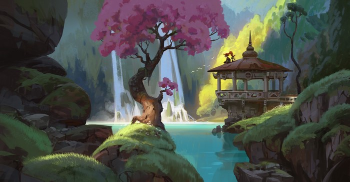 Fantasy girl sitting on a pavilion near a waterfall