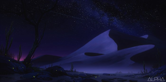 Desert landscape at night with stars and fireflies