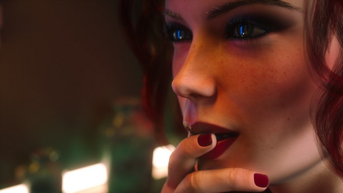 Woman with red nails and makeup