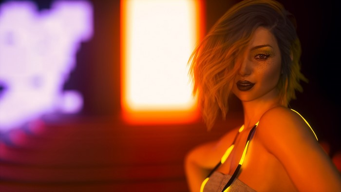 Woman with glitter makeup in neon lights