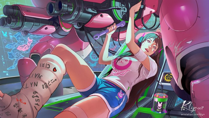 D.Va from Overwatch repairing her mech