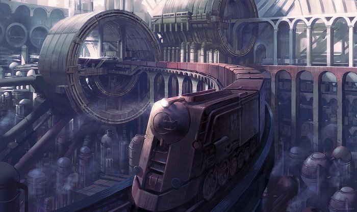 Futuristic steampunk train in a complex industrial city