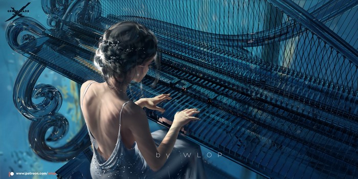 Woman playing a harp by WLOP