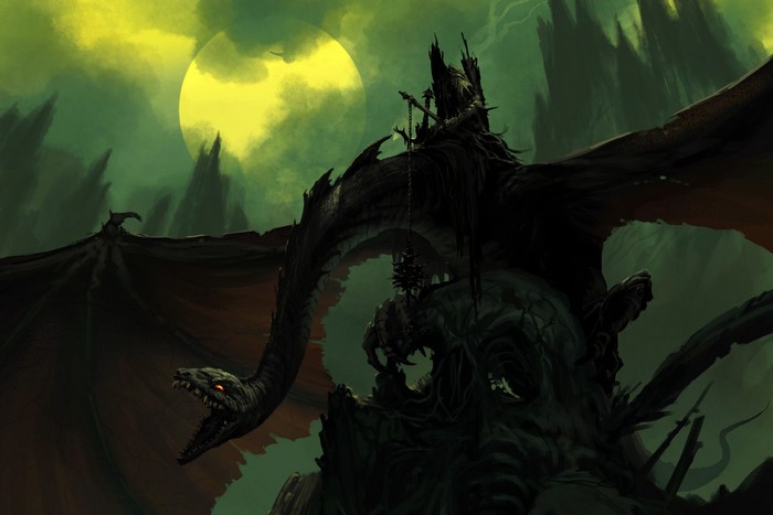 Dark fantasy dragon with rider under a yellow moon