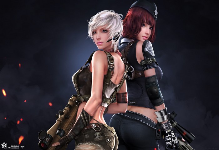Two women in army gear with sniper rifles