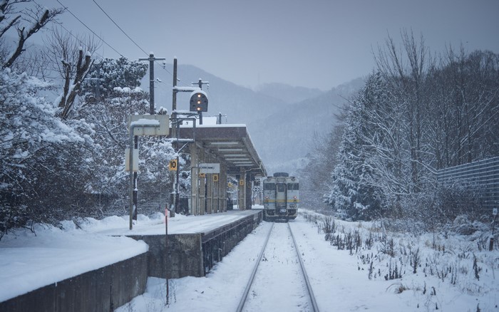 Train at a snowy station in the mountains