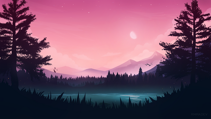 Digital artwork of a serene landscape with mountains, lake, and trees