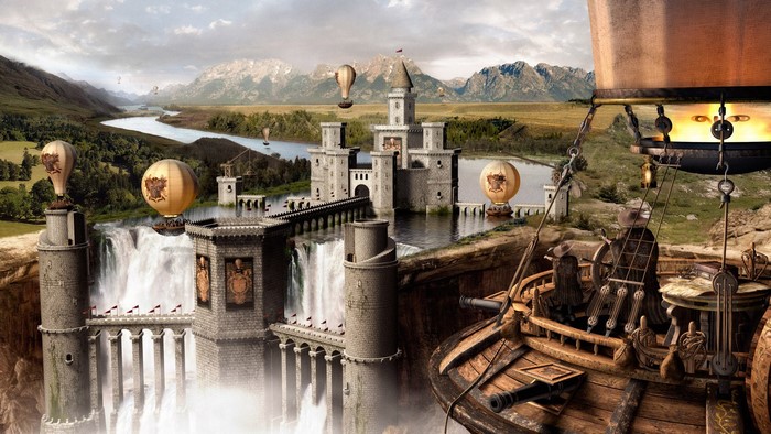 Fantasy castle with waterfalls and hot air balloons