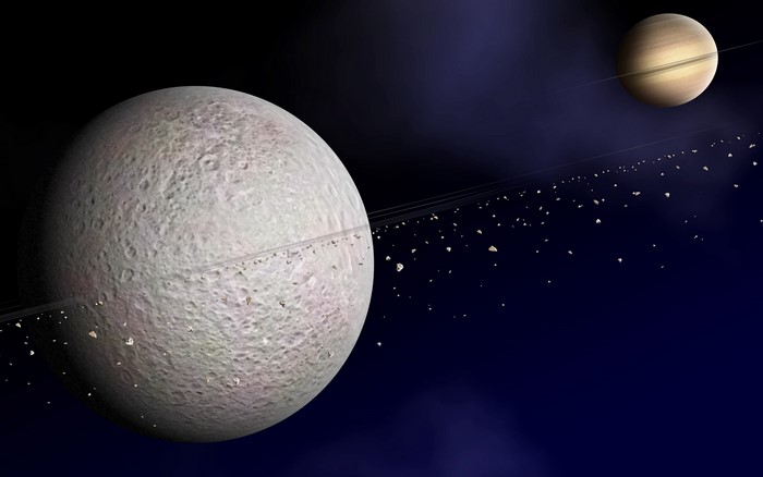 Planet with rings and debris, another ringed planet in background