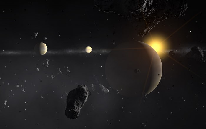 Planets and asteroids in space with a distant sun