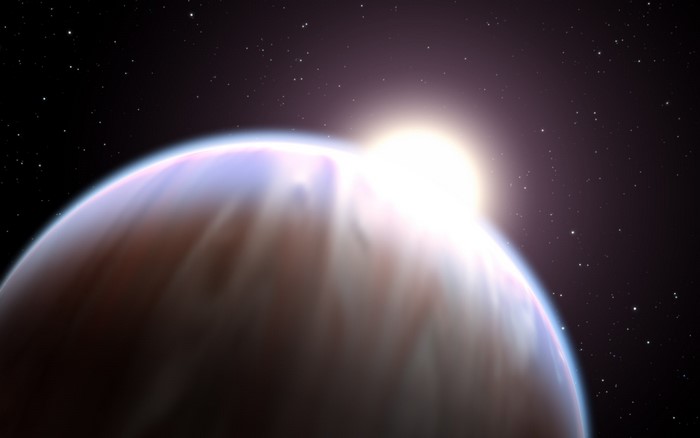 Digital art of a planet in space with a bright sun