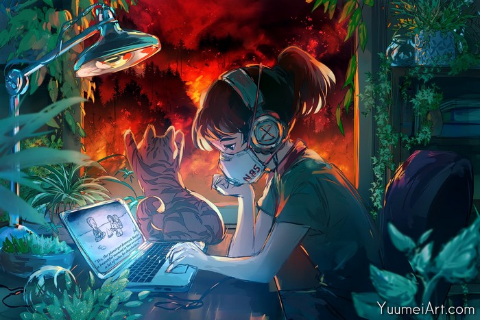 Girl with Cat and Laptop during Forest Fire