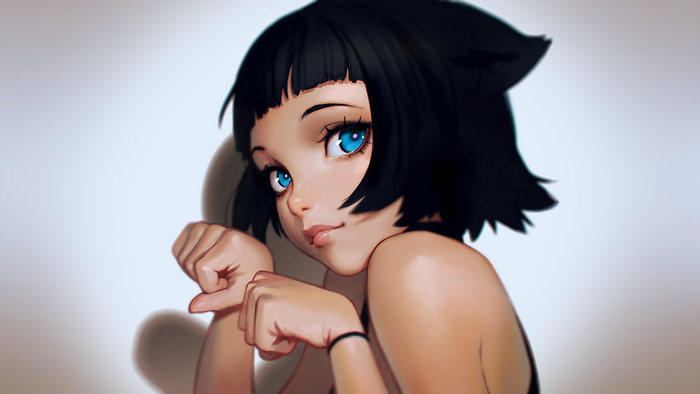 Cat girl with blue eyes and black bob hairstyle