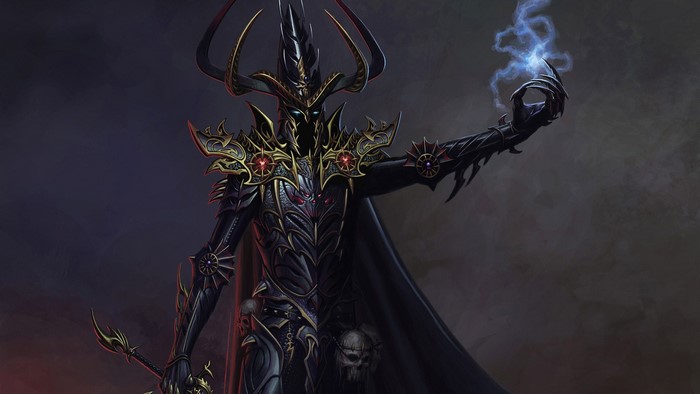 Armored demon with glowing eyes and horns casting magic