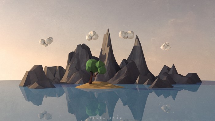Low poly island with tree and mountains in water