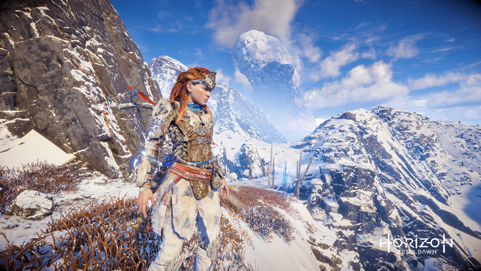 Aloy from Horizon Zero Dawn in a snowy mountain landscape