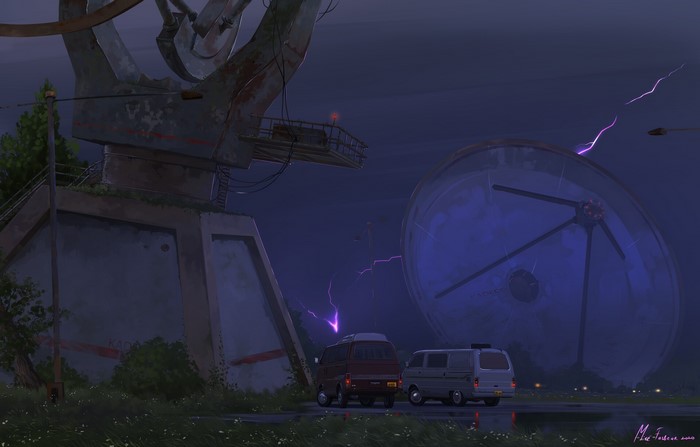 Two vans parked near a large satellite dish during a lightning storm