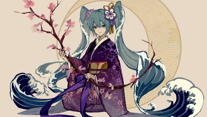 Hatsune Miku in Kimono with Cherry Blossoms and Waves