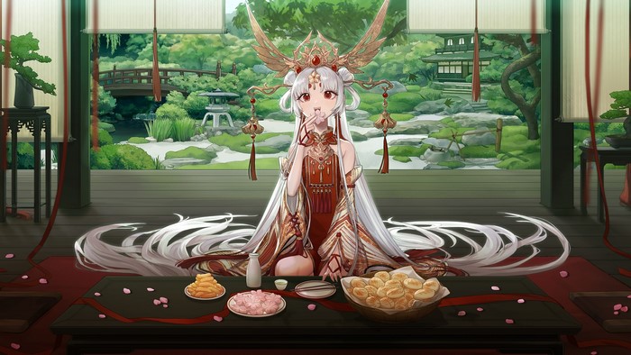 Anime girl in Chinese dress eating snacks in a garden