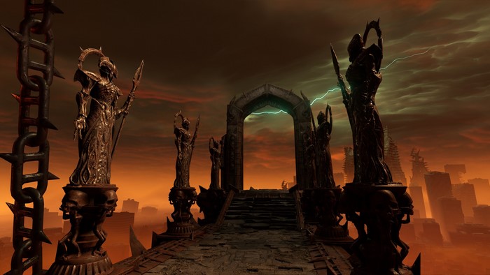 DOOM Eternal screenshot with demonic statues and lightning