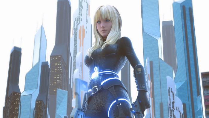 Woman in futuristic city with sci-fi attire