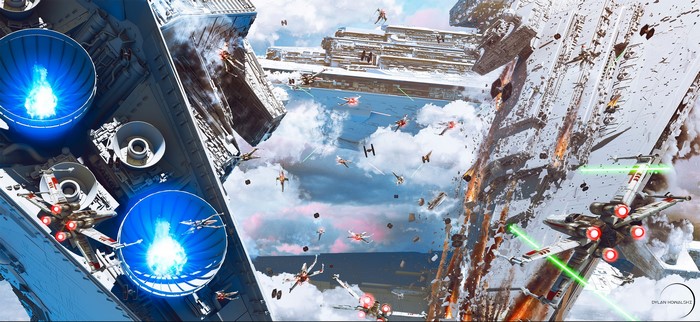 Star Wars artwork: Rebel Alliance X-wings battle Star Destroyers and TIE Fighters