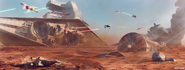 Star Wars battle scene with Star Destroyer wreckage on desert planet