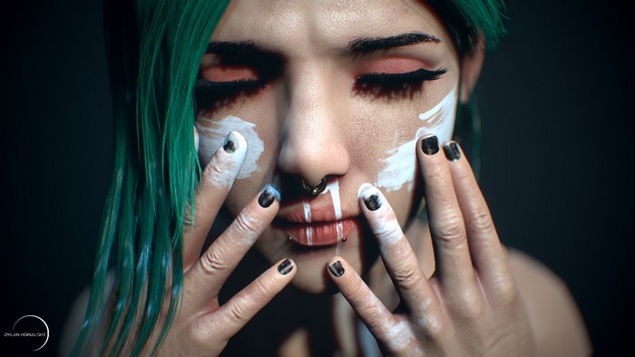 Woman with green hair and white face paint