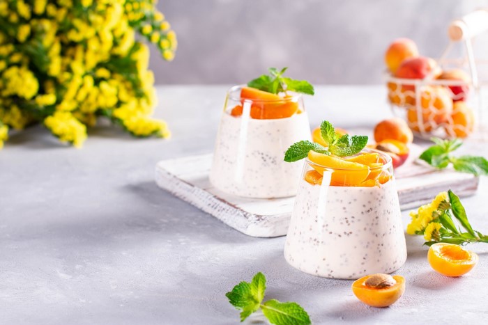 Chia seed pudding with apricots and mint