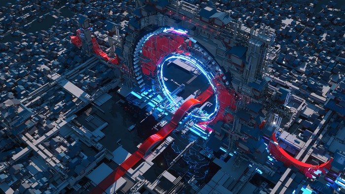 Futuristic city with red and blue lights