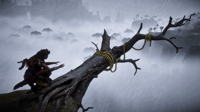 Aloy from Horizon Zero Dawn on a tree branch