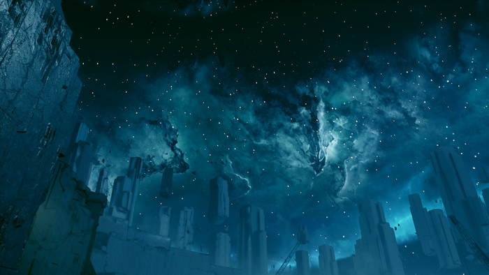 Fantasy city under a starry nebula
